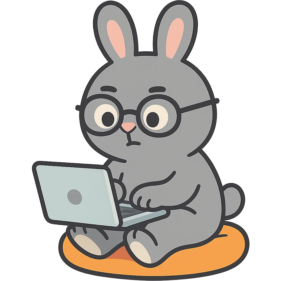 full-body round-faced gray bunny wearing glasses, sitting on a small cushion, working on a laptop with focused eyes, pastel-toon style emoji
