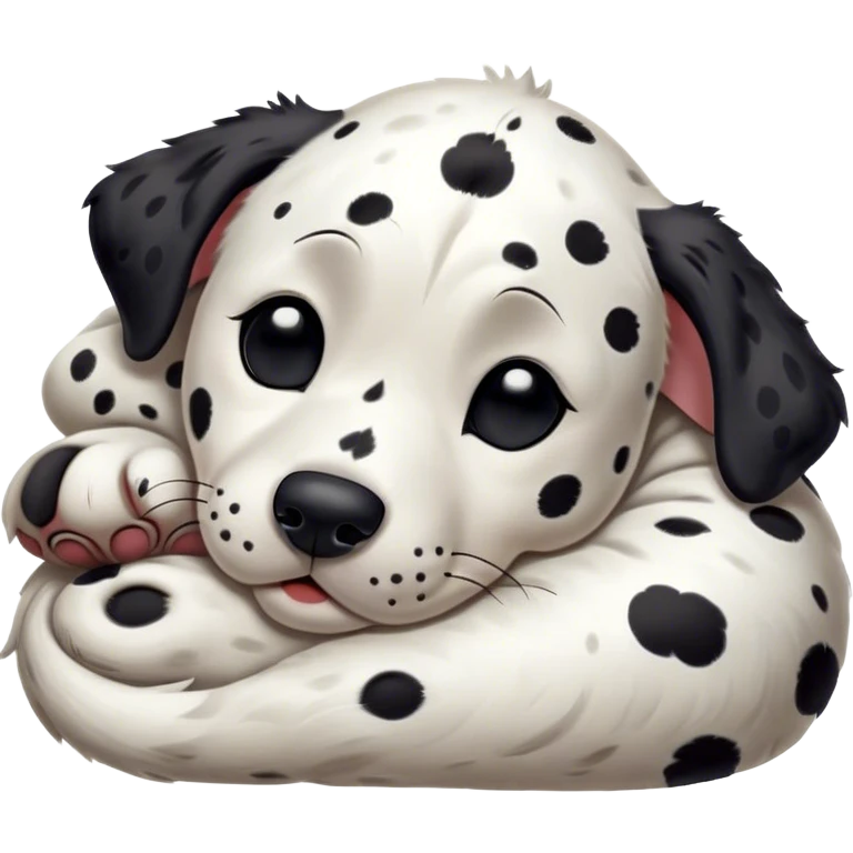 Meme-Worthy Cute Sleeping Spotted Dalmatian Portrait Emoji, Head resting peacefully with a contented smile, showcasing a delightfully majestic build and a luxuriously soft Fur of predominantly white with bold black patches, eyes shut in a serene nap, Simplified yet hilariously adorable features, highly detailed, glowing with a soft, drowsy light, high shine, relaxed and utterly lovable, stylized with an air of playful laziness, bright and heartwarming, soft glowing outline, capturing the essence of a comically sleepy guardian, so meme-worthy it feels like it could instantly become the next viral sensation of adorable slumber! emoji
