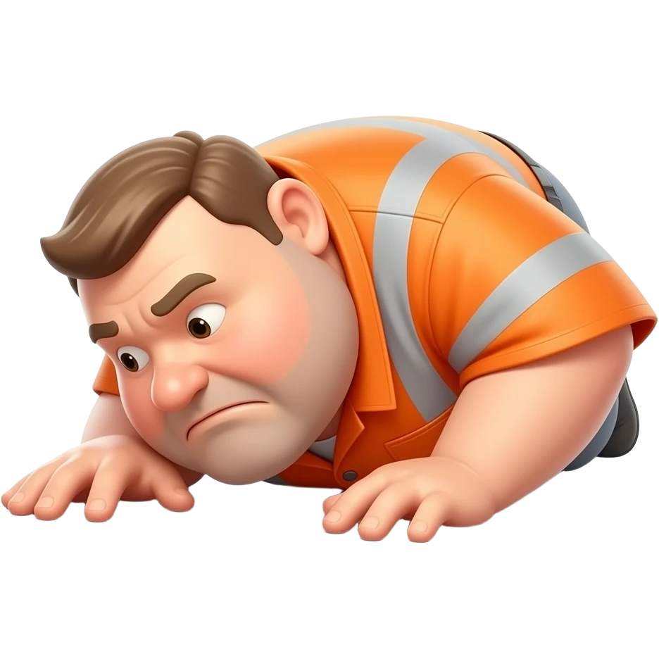 fat MAN, no helmet, IN ORANGE HIVIS OVERALLS, not happy, laying face down on floor, side view emoji