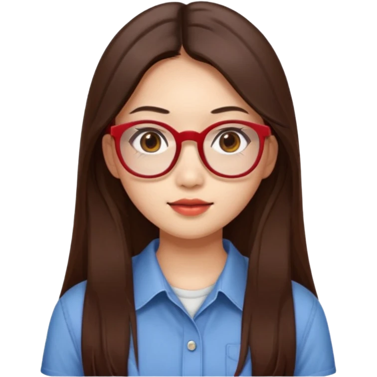 20 yr old asian woman, straight thick long brown hair, middle part, big red glasses, brown eyes, casual shirt emoji
