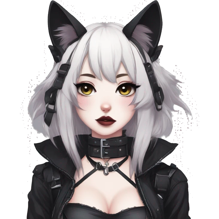 Gorgeous gothic dark techwear anime style anthro cat with blushing face aesthetic and pretty edgy black with collar and harness trending style emoji
