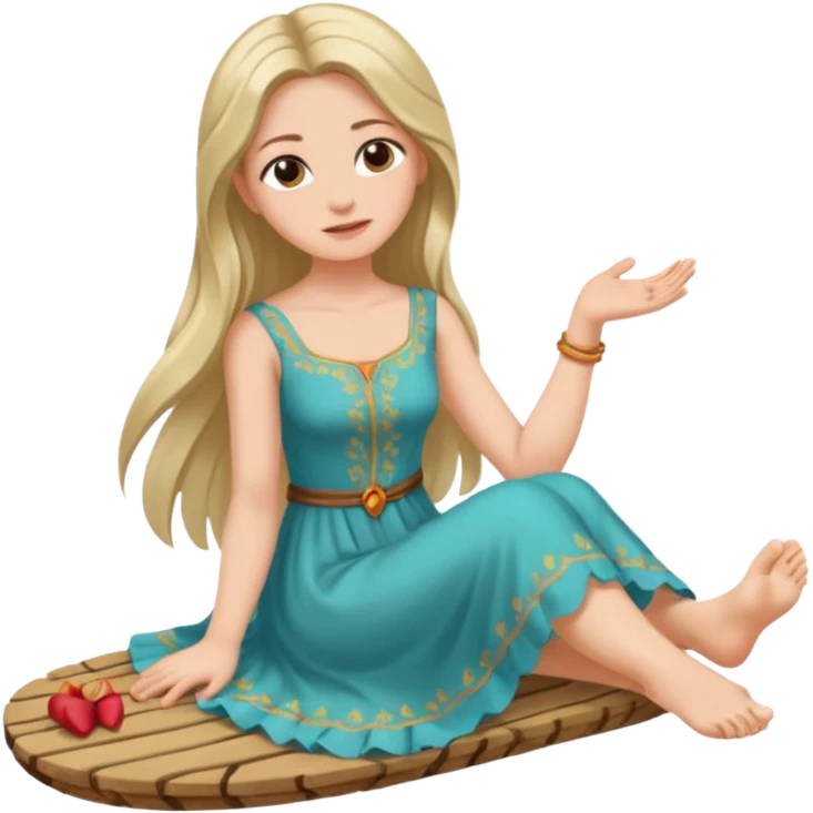 a woman sitting barefoot with one talking detailed pretty face on each foot's sole emoji