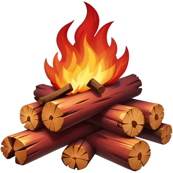 Cinematic Realistic Campfire, a roaring flame crackling atop carefully arranged logs, embers glowing deep red, golden light casting soft flickering shadows, gentle smoke drifting upwards, glowing with warmth and coziness. emoji