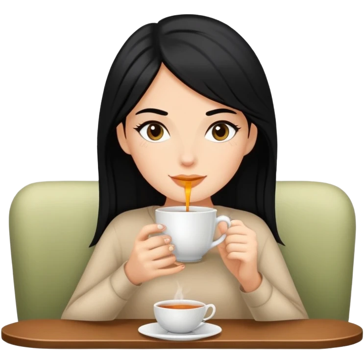 white girl with black hair doing self care, drinking tea, relaxing emoji