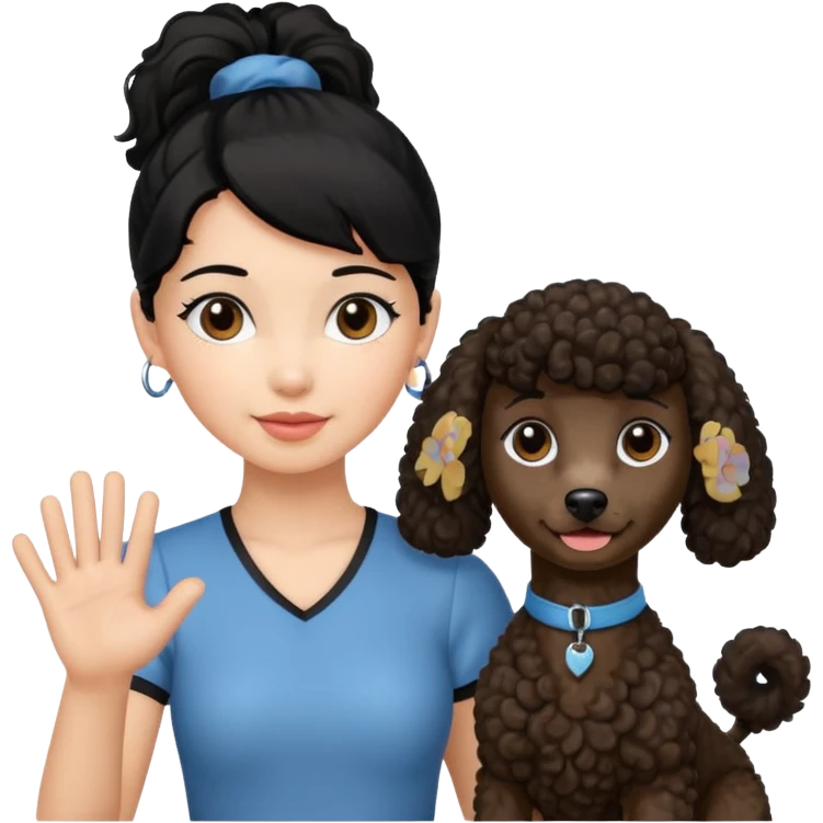 Ponytail black hair girl with brown Poodle say goodbye  emoji