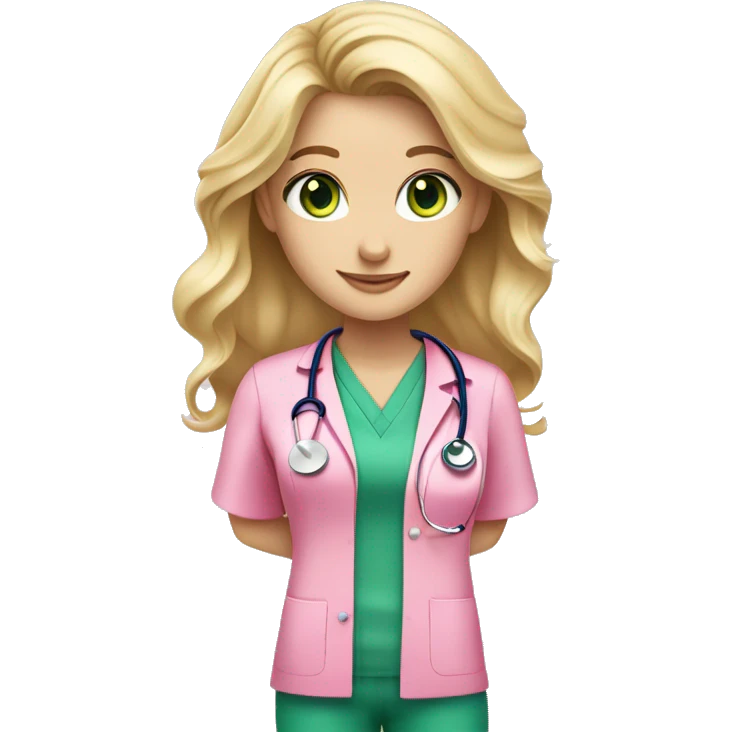 pale blonde girl with long wavy hair and green eyes wearing pink scrubs and stethoscope  emoji