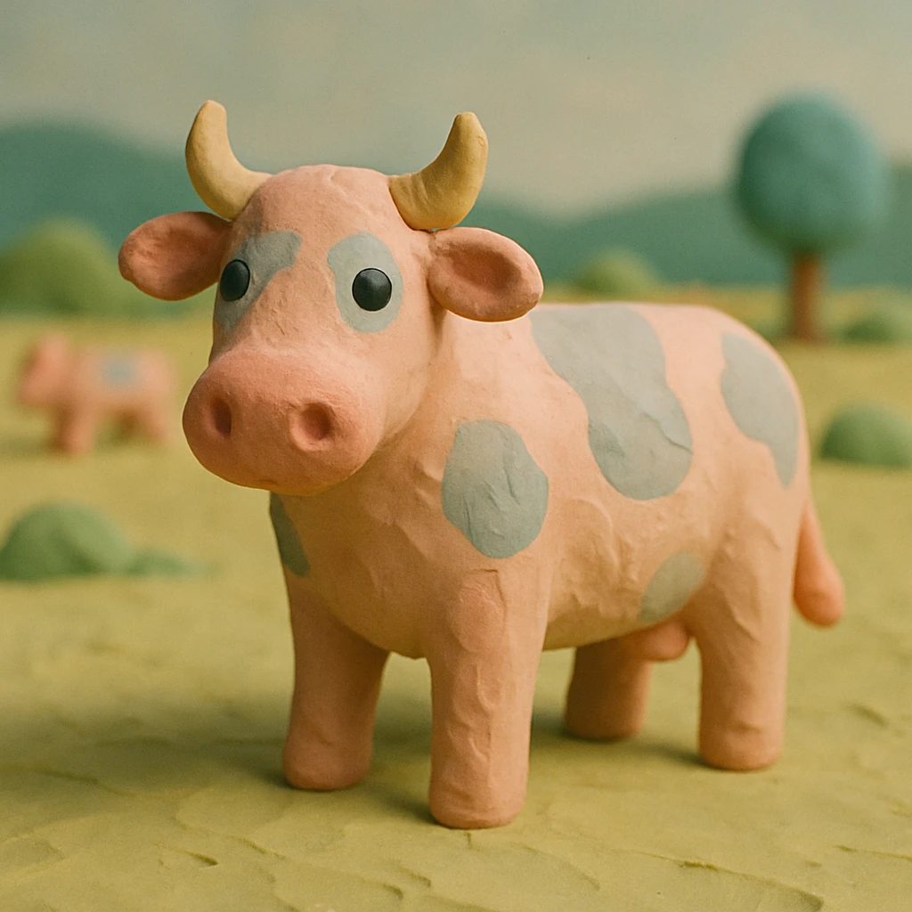 claymation style cattle standing in a field, visible fingerprints, pastel palette emoji