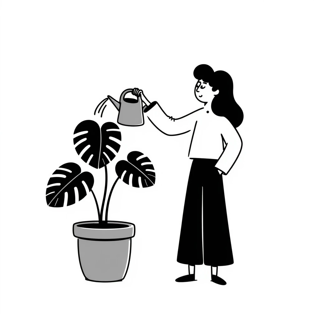 woman watering her monstera plant emoji