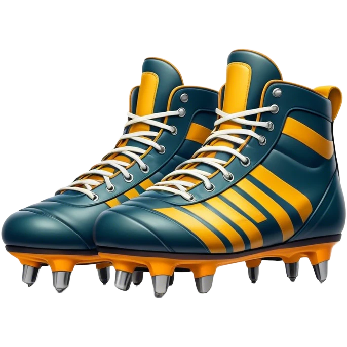 Cinematic Realistic image of a pair of rugby boots, showcasing sturdy leather construction, detailed cleat patterns and textured surfaces, illuminated by vibrant outdoor lighting that captures their athletic purpose emoji