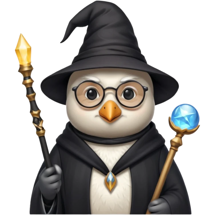 Penguin white wizard sit and wand and old man sunglasses emoji