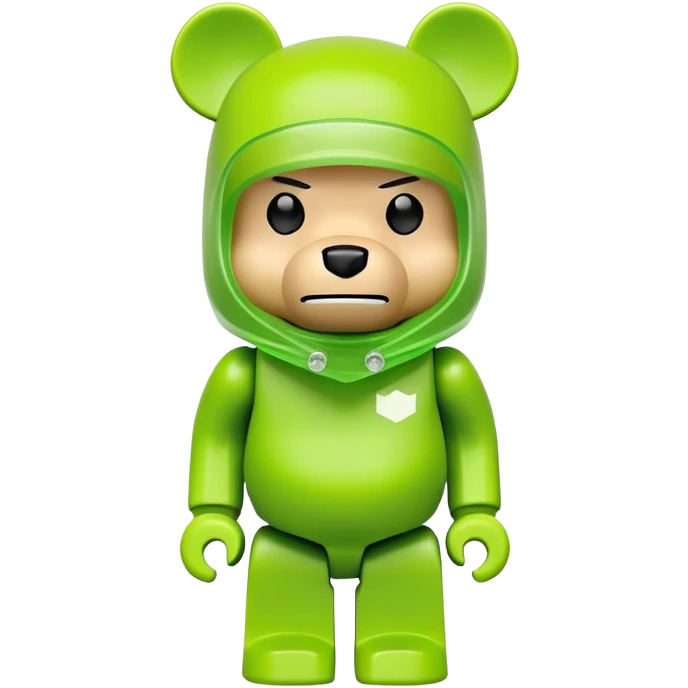 classic bearbrick toy figure with cubic head, wearing a lime green balaclava with clear aggressive eyebrows, blocky bear design not monkey emoji
