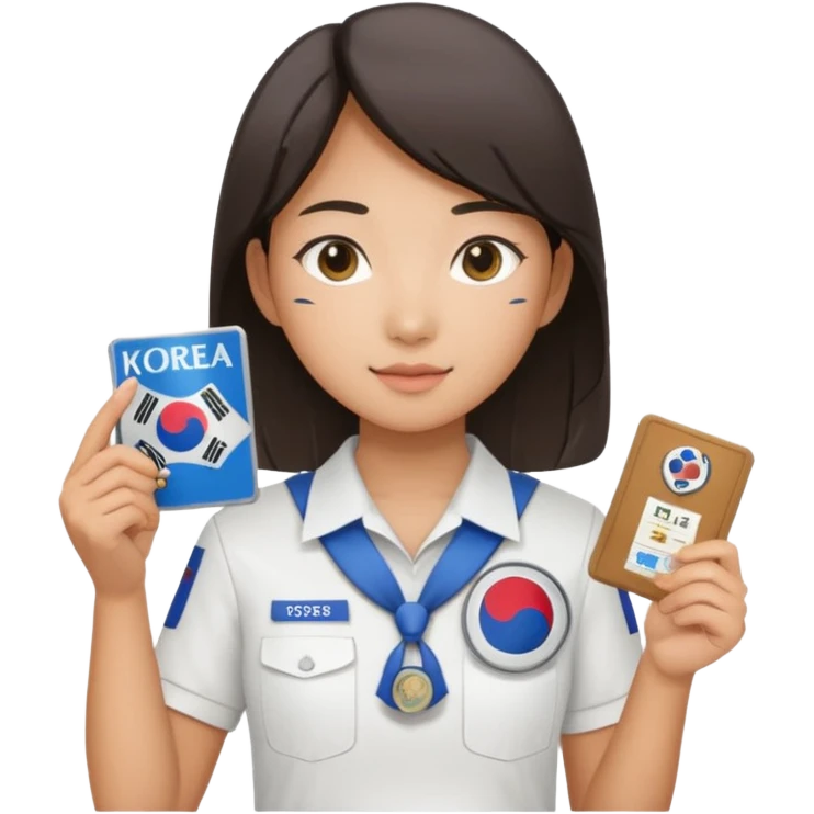 A young Asian guide holding her tour license in both hands, wearing a white shirt with the South Korea badge on her chest. emoji