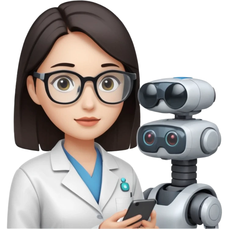 female AI robotics engineer with dark hair, and mobile robot near emoji