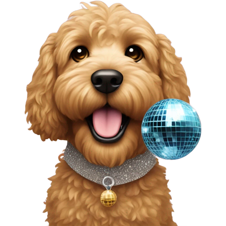 Mini Golden doodle holding discoball emoji