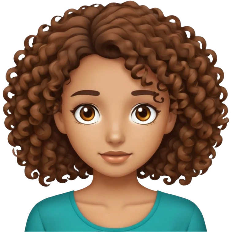 a curly brown hair girl with brown eyes tan skin and a teal top with flare  emoji