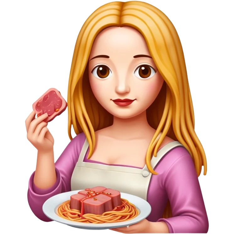Monalisa holding SPAM meat melted pink dripping sauce spaghetti  emoji