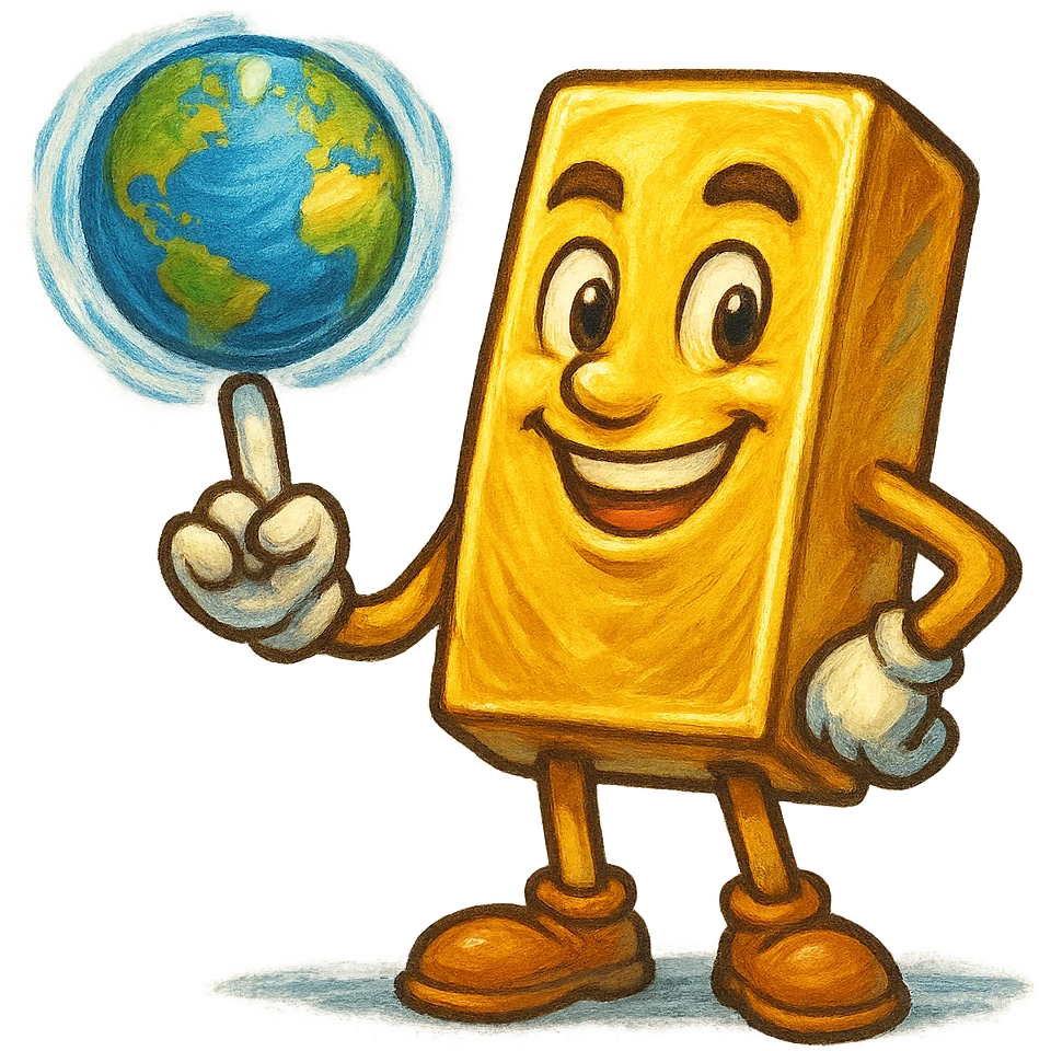 В cлегка рисованной, но при этом объемной и яркой стилистике сгенерируй картинку где фотореалистичный слиток золото с руками и ногами стоит и смотрит на зрителя улыбается, в одной руке он на указательном пальце держит землю с эффектом размытия, как баскетбольный мяч, прозрачный фон emoji