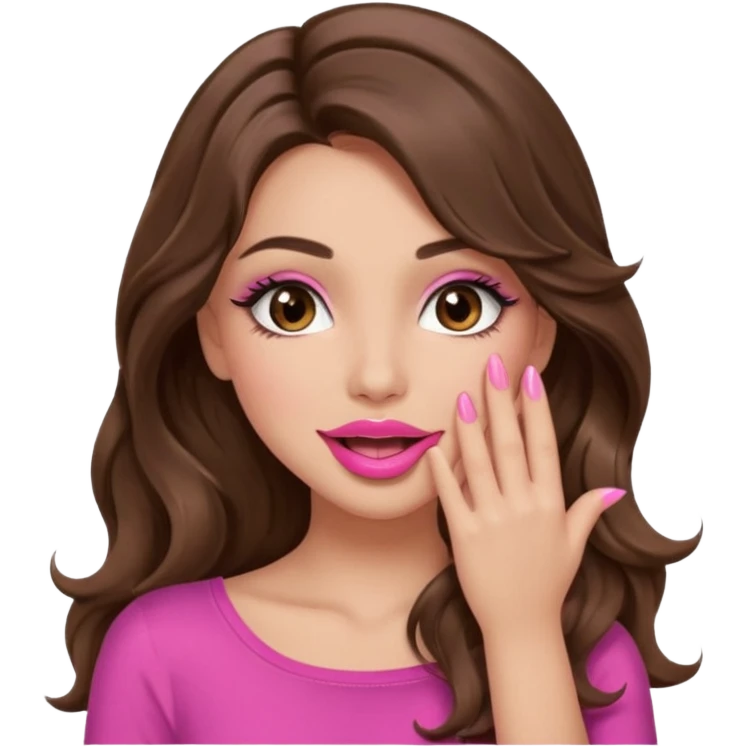 girl with long wavy brown hair, brown eyes, long lashes makeup, sexy pink lips, light to medium complexion, pink sexy top, sexy, gigling hand covering mouth emoji