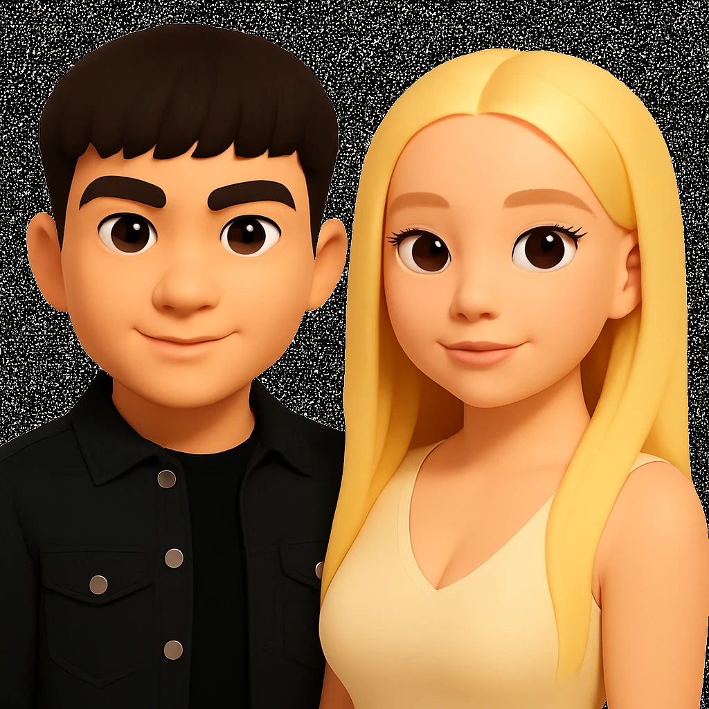 Slightly increase the volume of the upper body of the girl, slightly turn her to face forward, and make the skin color uniform. Maintain the cartoon style as in the reference image. emoji