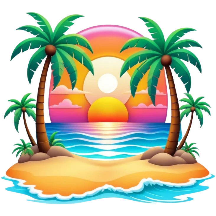 3D, psychedelic colored hippie style beach with setting sun and palm trees emoji