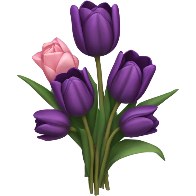 a beautiful aesthetic bouquet composed of dark purple and light pink tulips and dark purple roses tied with a silk purple ribbon emoji