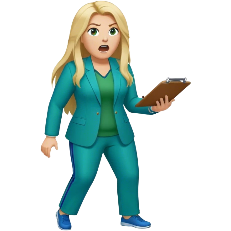 Full Body white plus size female basketball head coach yelling using a clipboard with long blonde hair in a blue and green suit emoji