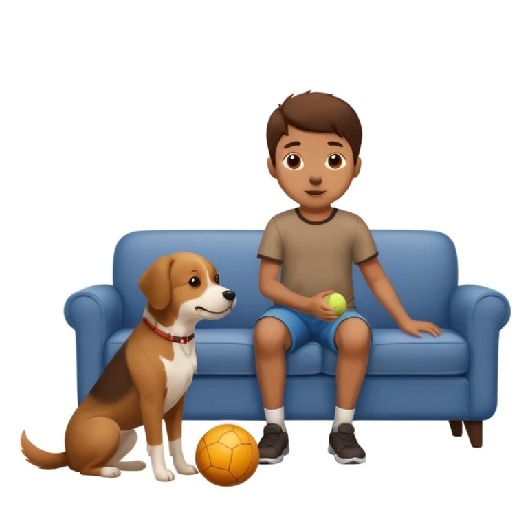 kid and dog playing with ball, living room background emoji