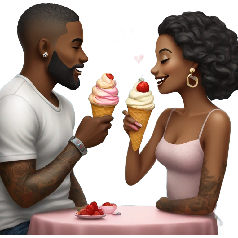 Romantic date for beautiful tattooed couple eating ice cream  emoji