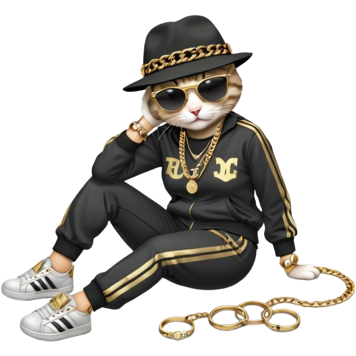 female cat dressed like Run DMC in tracksuit, fedora, Adidas shoes, dark sunglasses, lots of gold chains, rings, bracelets, earrings, lying on the ground after falling, distressed emoji