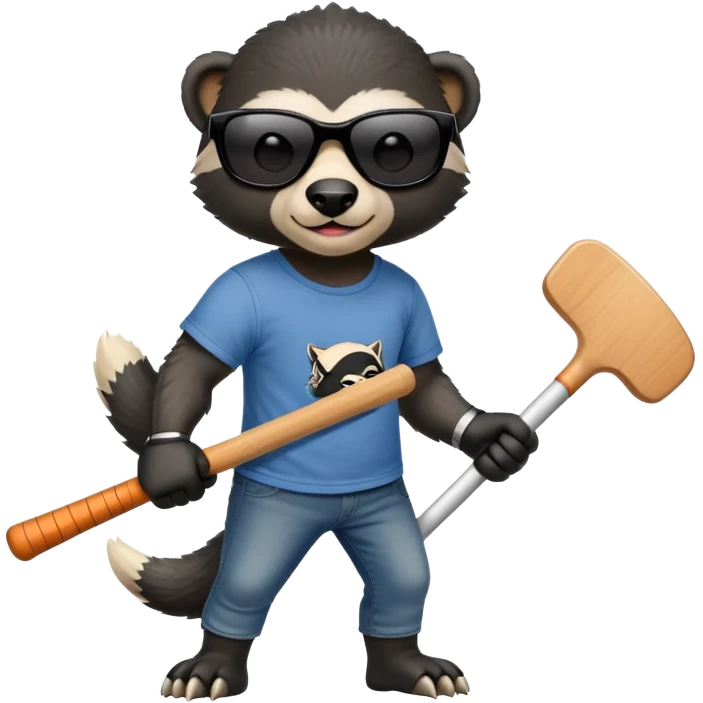 mischievous anthropomorphised honey badger in jeans and a t-shirt, wearing sunglasses, holding a hockey stick emoji