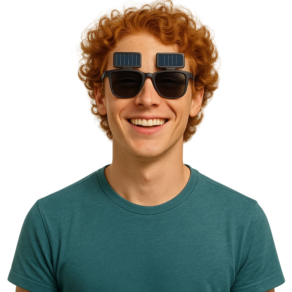 charming red-haired individual with solar-powered sunglasses, radiant and cool emoji