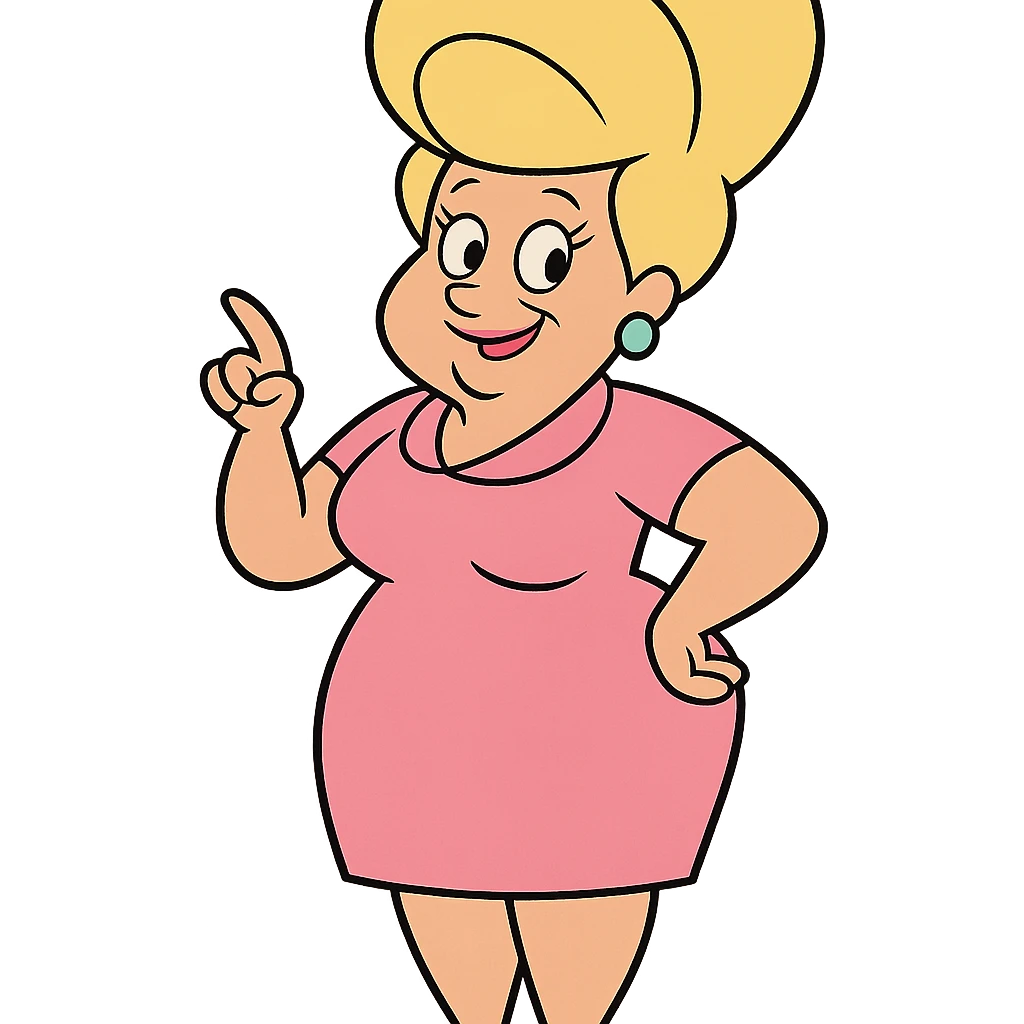 Bunny Bravo from Johnny Bravo, older woman with beehive hair, pink dress, cartoon style emoji