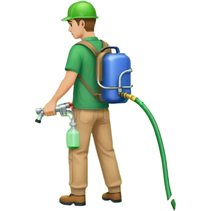 man with a emerald green shirt and tan pants on with backpack chemical sprayer on his back with the hose in his hand pointed downwards at bright green grass emoji