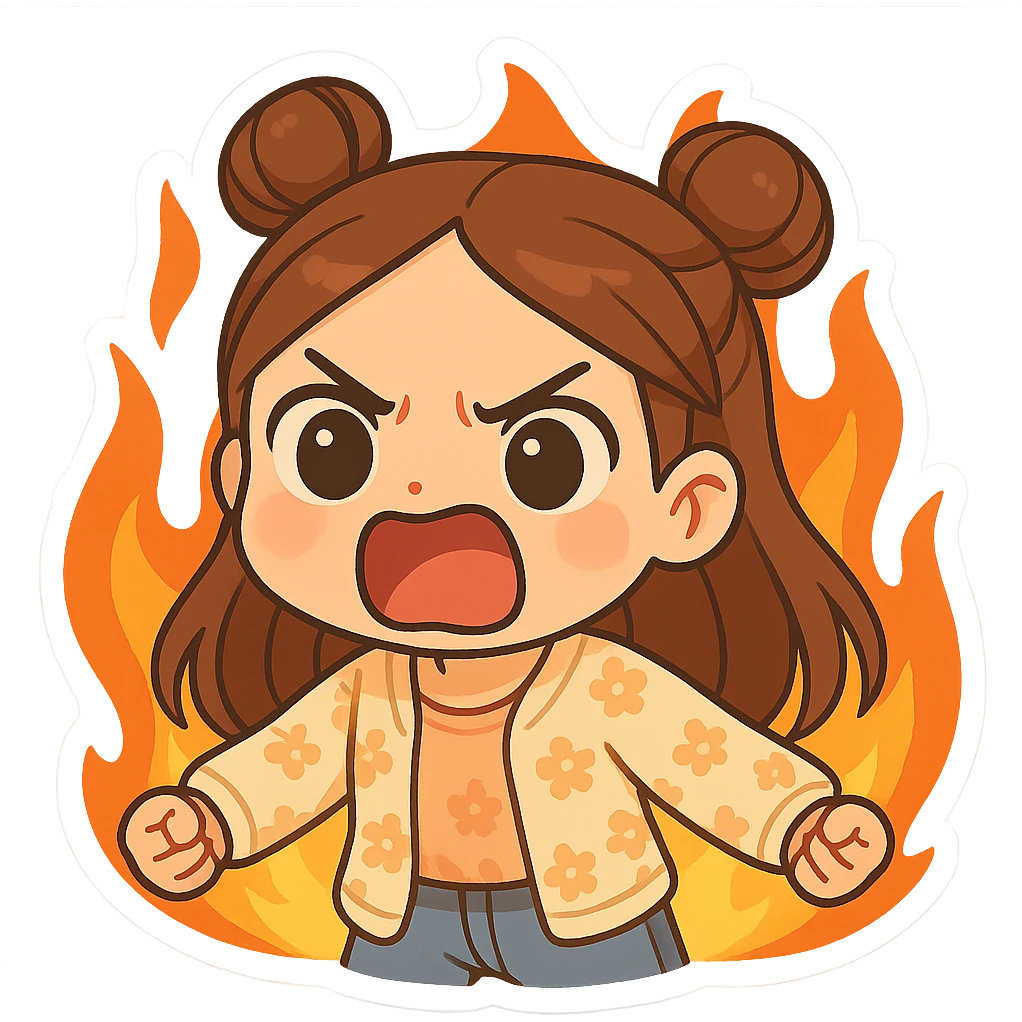 Create a chibi sticker of the same girl, screaming angrily, surrounded by flames. She has brown straight hair in double buns, brown eyes, wearing a pastel floral cardigan and jeans. The sticker should have a white outline and transparent background, 512x512px. emoji