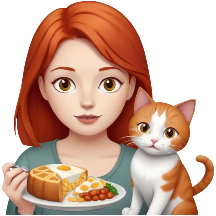 Red haired Woman sharing food with 1 grey white cat emoji