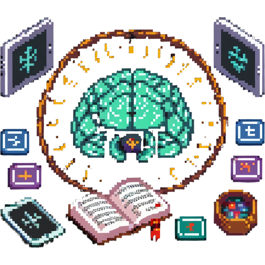 pixel art radiant crystal brain levitating above old text tablets with runes and language characters (A-Z, あ, 文, ع) circling it emoji