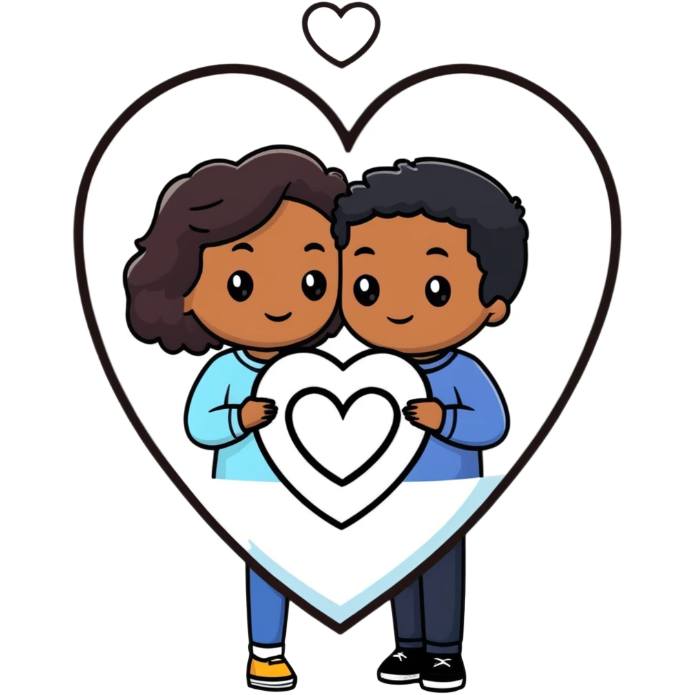 A couple with dark brown hair and mixed skin tone inside a white heart emoji