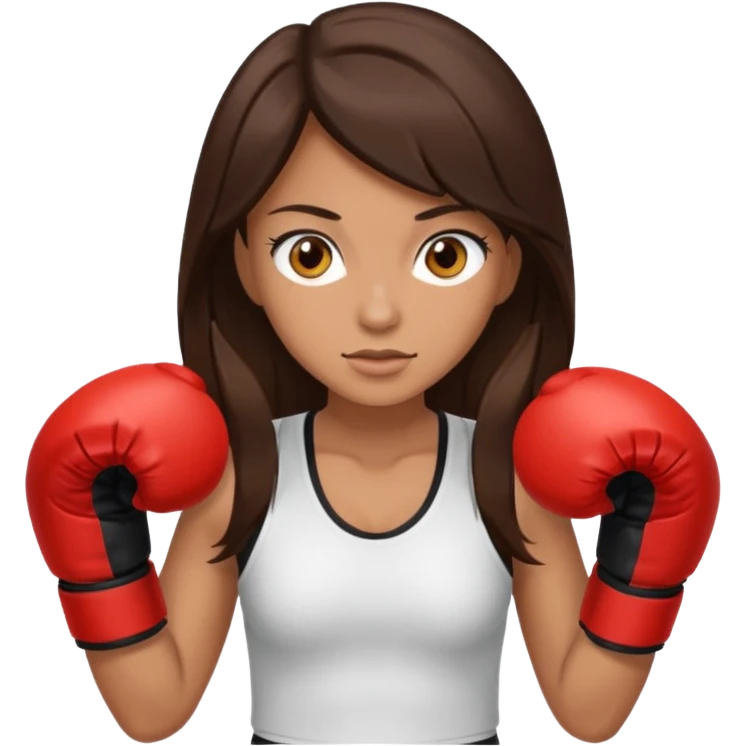 An woman with long dark brown hair light brown eyes in boxing gloves emoji