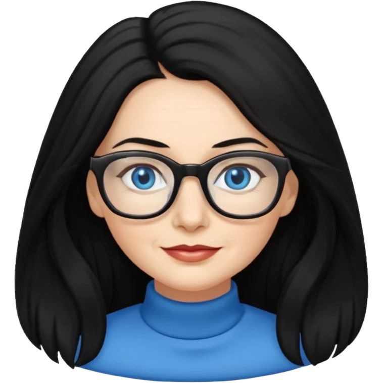 woman 50 years old, long and fluffy black hair, blue eyes, glasses emoji