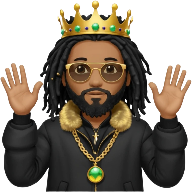 African American man with shoulder length black dreadlocks with black beard wearing black sunglasses with a black bubble winter coat wearing a crown with hands out emoji