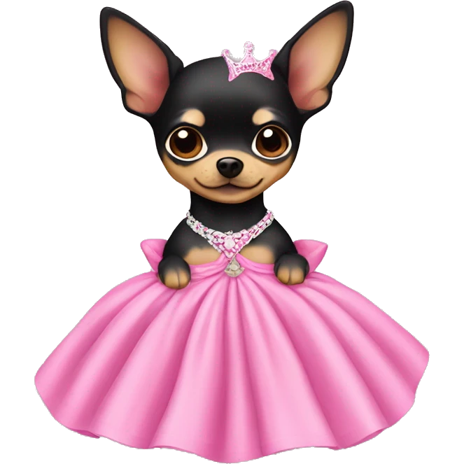 black & tan chihuahua puppy wearing a pink princess dress emoji