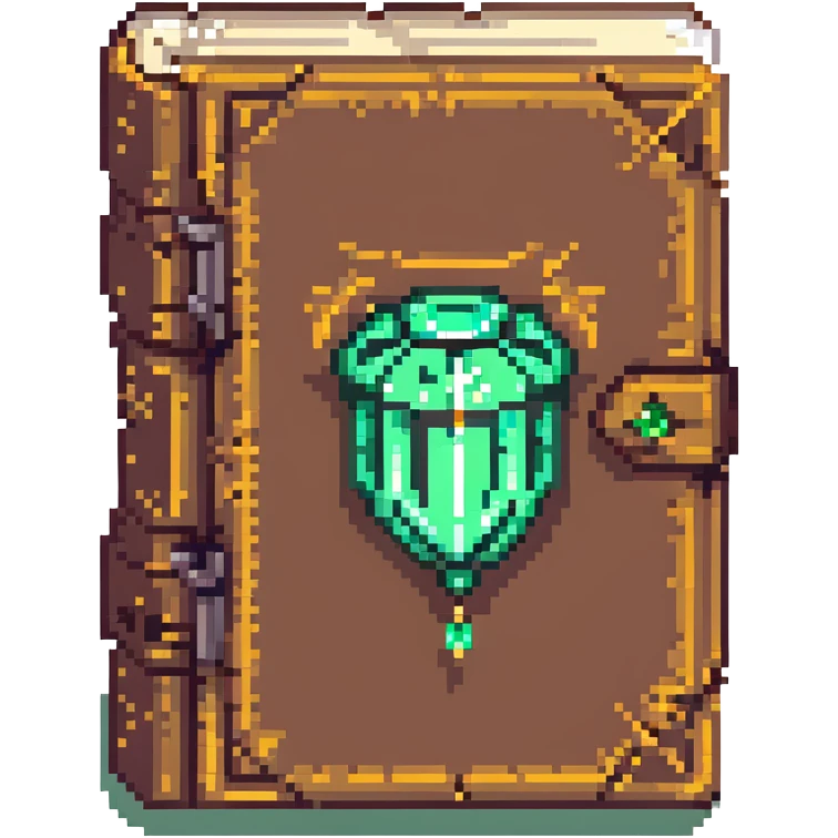 pixel art style enchanted tome, ancient, green gem on cover, mystical light emoji