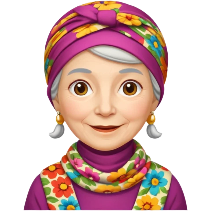 A kind old Russian village grandmother emoji — elderly woman wearing a bright floral headscarf tied under her chin, colorful patterned dress, warm smile, simple rural look. Flat minimal emoji style, clean Apple-like design. emoji