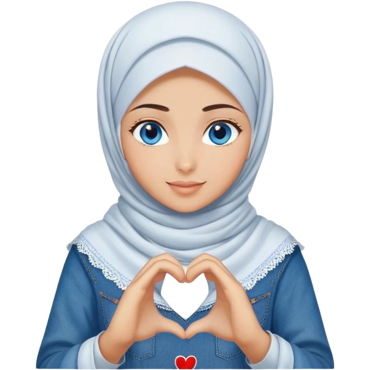Turkish beautiful finish Konya girl blue eyes with denim hijab islamic dress and making heart with hands and with thank you text emoji