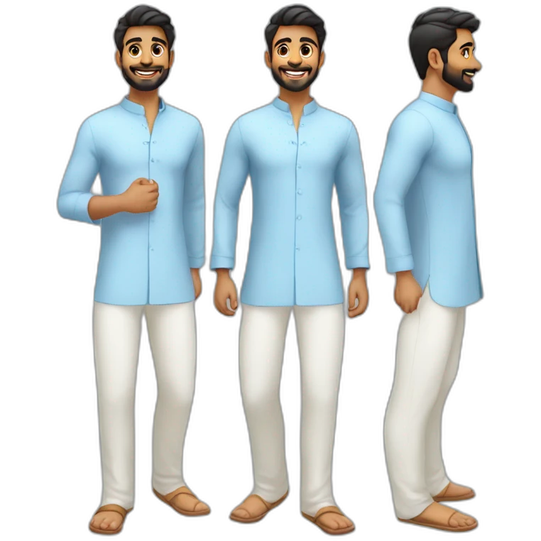 South Indian guy wearing light blue kurtha with white skinny pant  with smile and light beard full body emoji