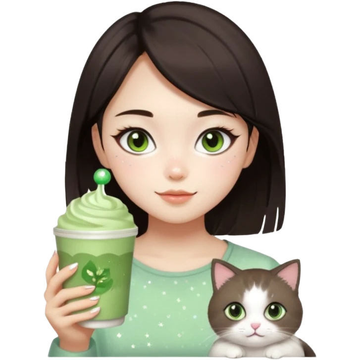 asian girl with shoart dark brown hair with a soft girl glowup aesthetic. matcha latte sparkles girly things, 2 ragdoll cats, skincare, makeup emoji