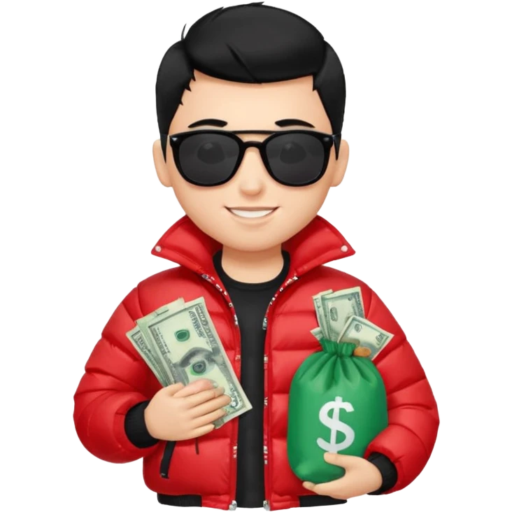 a pretty bratz boy with black hair, holding a bag of money, sunglasses on, red puffer jacket emoji