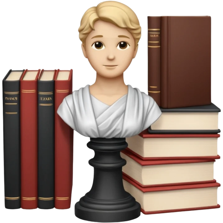 Minimalistic flat vector icon, iOS style, thin black contour on white background. Bust statue on a small pedestal next to a stack of books, symbolizing classic literature. Clean, no text, no shadows emoji