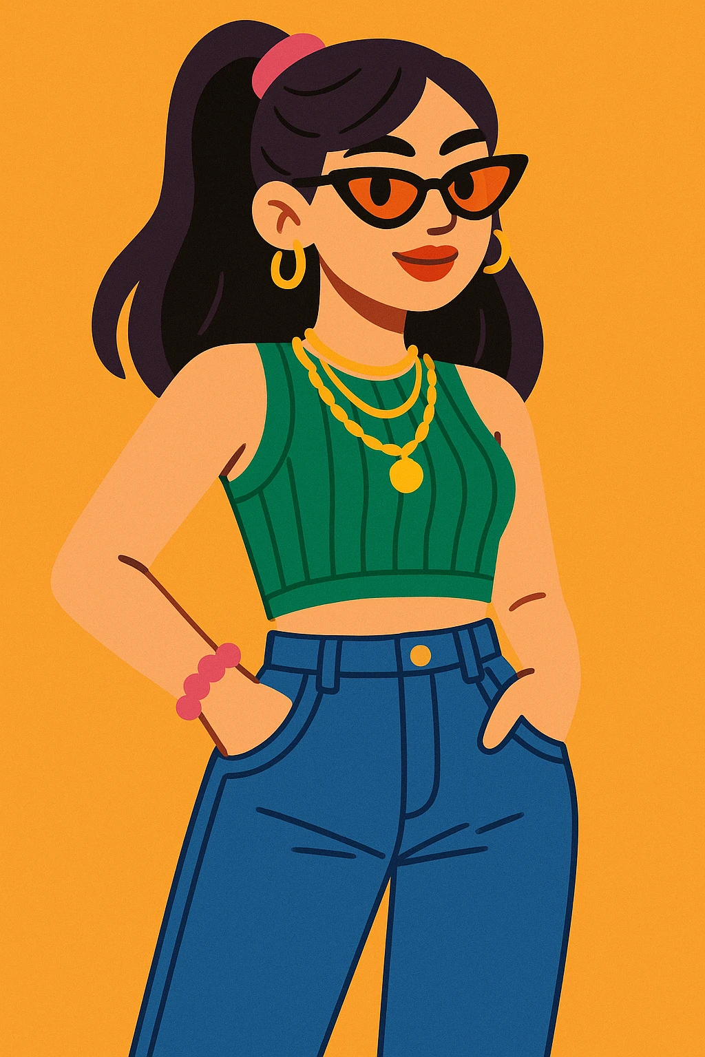 dressed up woman in a cool Gen Z look, crop top, high-waisted jeans, layered jewelry, casual and stylish emoji
