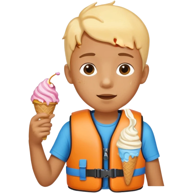 boy kid wearing lifejacket, holding ice cream emoji